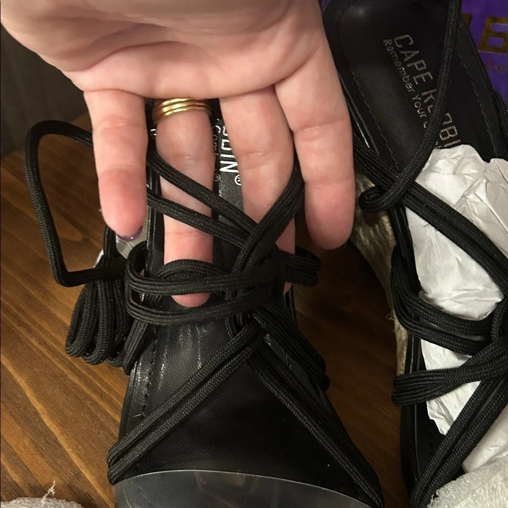 Cape Robbin Black Lace-Up Espadrille Wedge Sandals new in box size 10
